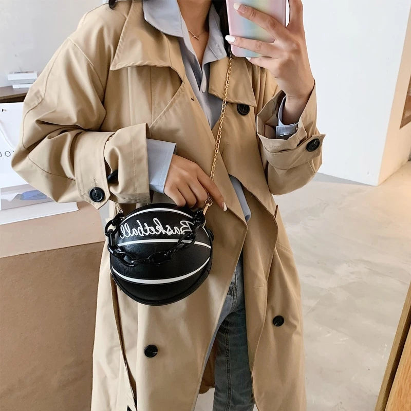 Women Basketball Round PU Leather Shoulder Crossbody Bag Tote Chain Satchel