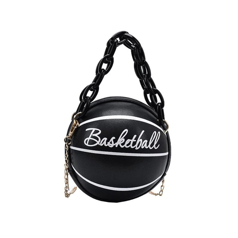 Women Basketball Round PU Leather Shoulder Crossbody Bag Tote Chain Satchel