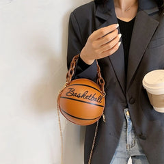 Women Basketball Round PU Leather Shoulder Crossbody Bag Tote Chain Satchel