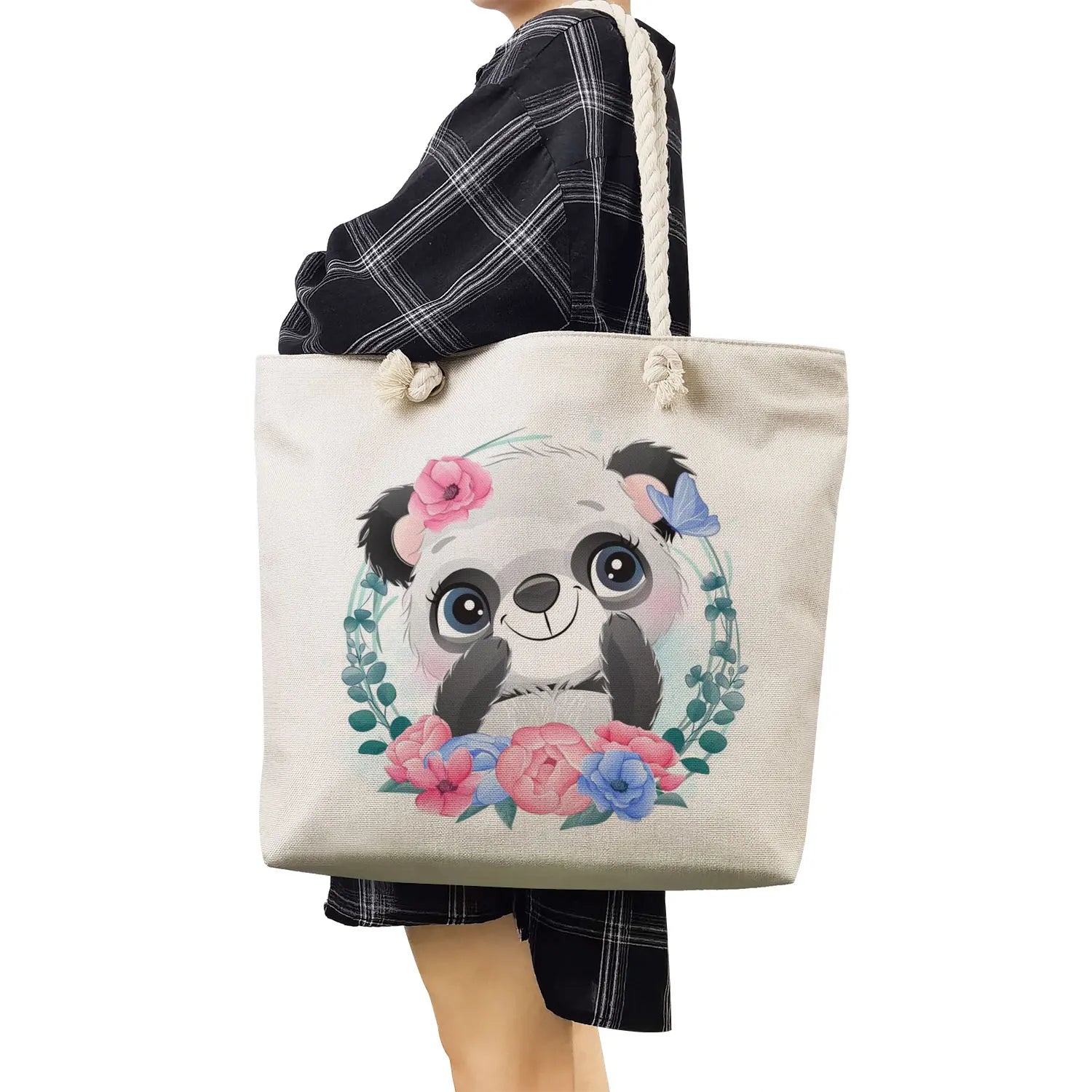 Floral Panda Raccoon Print Beach Shoulder Bag