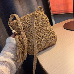 Boho Woven Straw Shoulder Bag with Tassel
