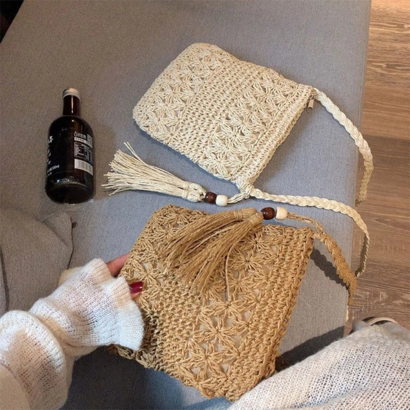 Boho Woven Straw Shoulder Bag with Tassel