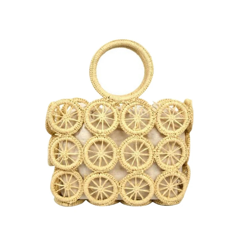 Straw Tote Bag Hollow Out Circle Pattern Top Handle Drawstring Handbag