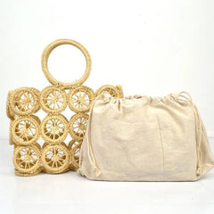 Straw Tote Bag Hollow Out Circle Pattern Top Handle Drawstring Handbag