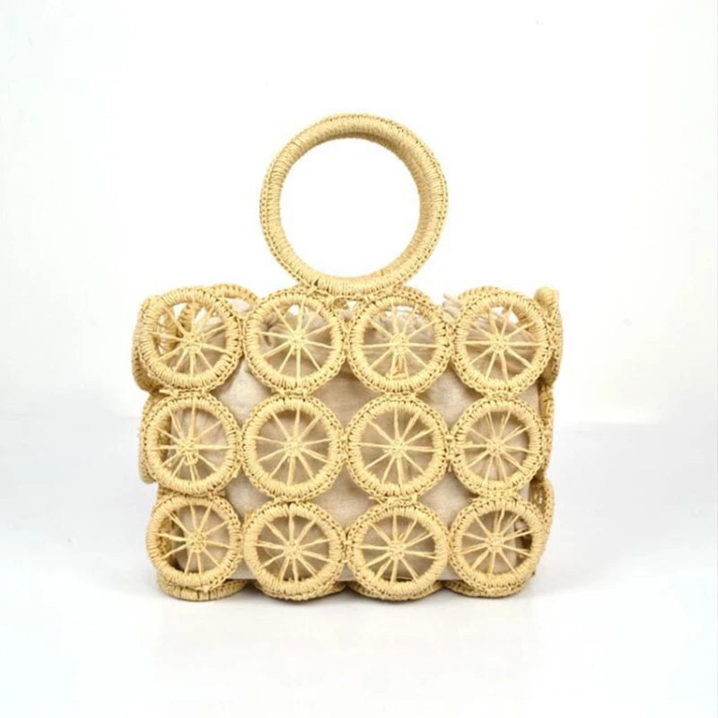Straw Tote Bag Hollow Out Circle Pattern Top Handle Drawstring Handbag