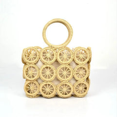 Straw Tote Bag Hollow Out Circle Pattern Top Handle Drawstring Handbag