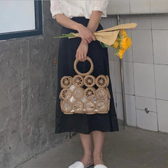 Straw Tote Bag Hollow Out Circle Pattern Top Handle Drawstring Handbag