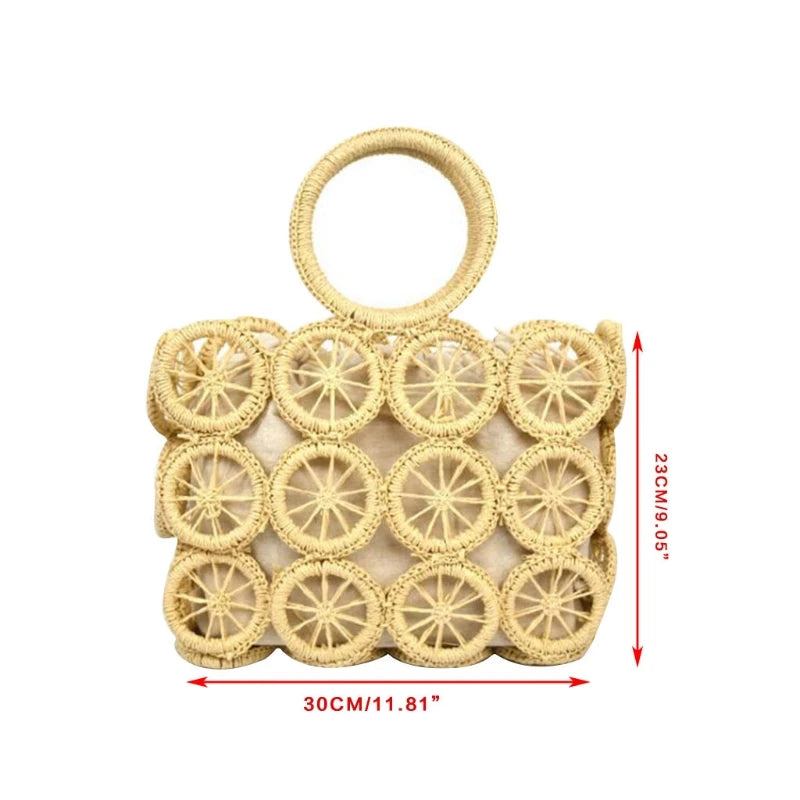 Straw Tote Bag Hollow Out Circle Pattern Top Handle Drawstring Handbag