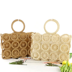 Straw Tote Bag Hollow Out Circle Pattern Top Handle Drawstring Handbag