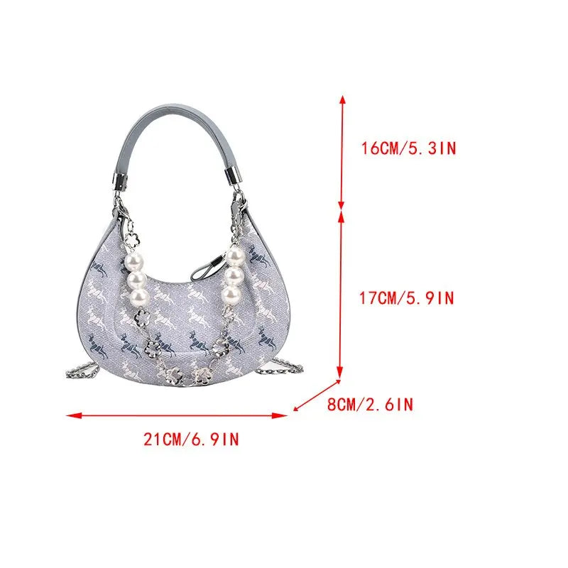 Women Bead Chains Leather Shoulder Bag Preppy Style Crossbody Small Bag