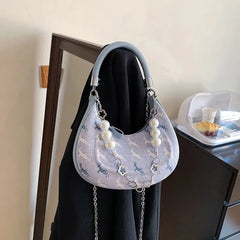 Women Bead Chains Leather Shoulder Bag Preppy Style Crossbody Small Bag
