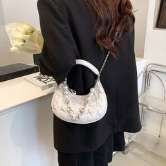 Women Bead Chains Leather Shoulder Bag Preppy Style Crossbody Small Bag