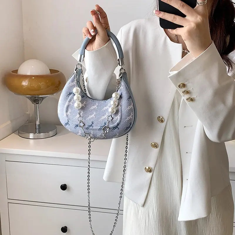 Women Bead Chains Leather Shoulder Bag Preppy Style Crossbody Small Bag