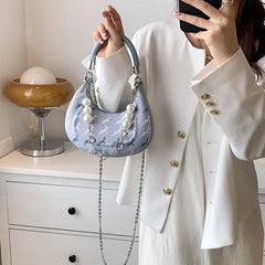 Women Bead Chains Leather Shoulder Bag Preppy Style Crossbody Small Bag