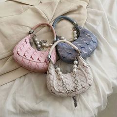 Women Bead Chains Leather Shoulder Bag Preppy Style Crossbody Small Bag