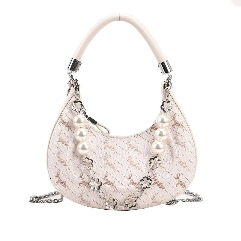 Women Bead Chains Leather Shoulder Bag Preppy Style Crossbody Small Bag