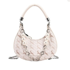 Women Bead Chains Leather Shoulder Bag Preppy Style Crossbody Small Bag