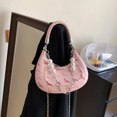 Women Bead Chains Leather Shoulder Bag Preppy Style Crossbody Small Bag