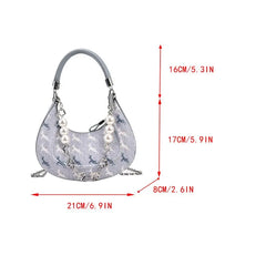 Women Bead Chains Leather Shoulder Bag Preppy Style Crossbody Small Bag