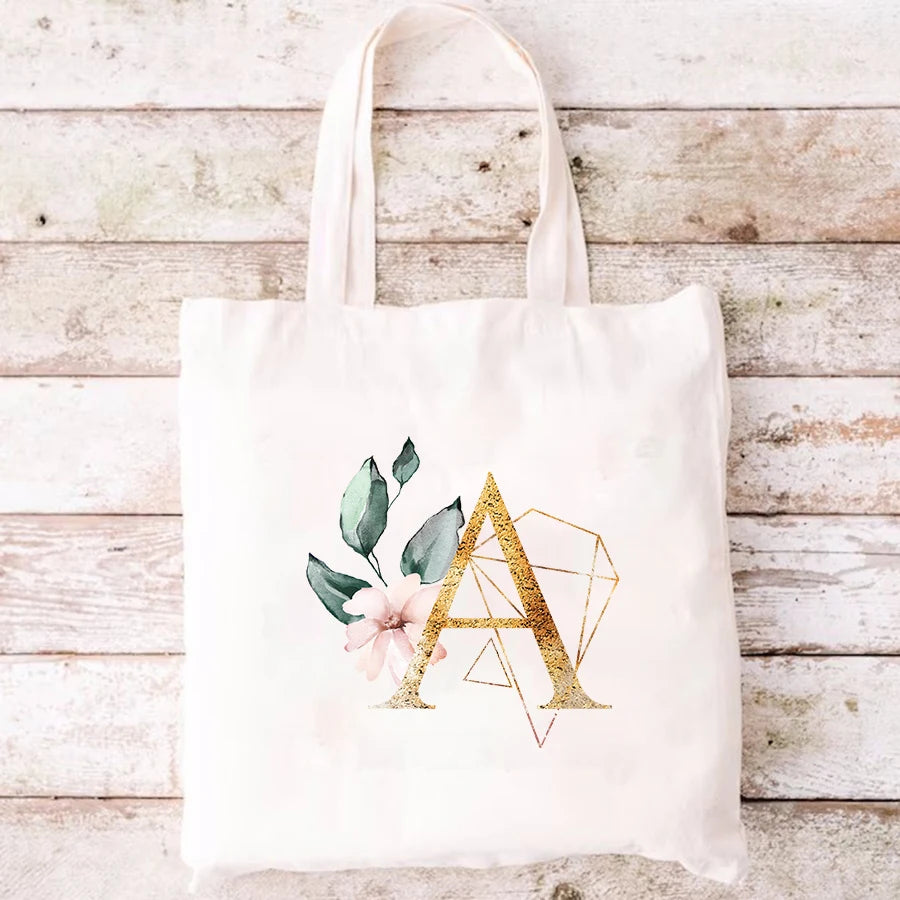 Pink Flower Initial Name Pattern Canvas Shoulder Bag