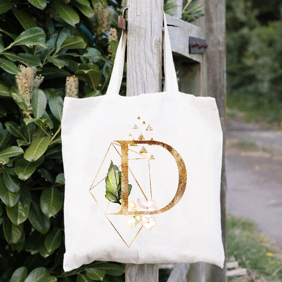 Pink Flower Initial Name Pattern Canvas Shoulder Bag