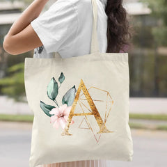 Pink Flower Initial Name Pattern Canvas Shoulder Bag