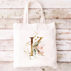 Pink Flower Initial Name Pattern Canvas Shoulder Bag