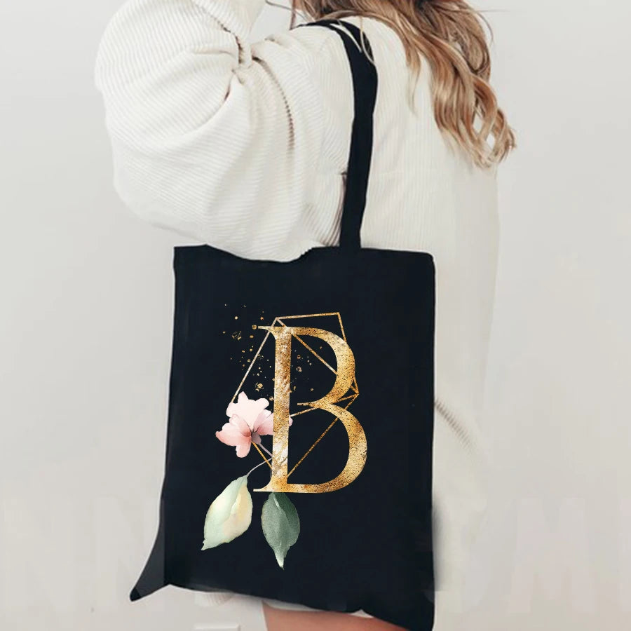 Pink Flower Initial Name Pattern Canvas Shoulder Bag