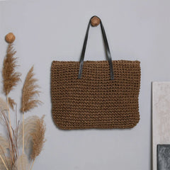 Boho Vintage Straw Tote Bag with Leather Handle Zipper Closure