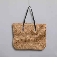 Boho Vintage Straw Tote Bag Faux Leather Zipper Closure
