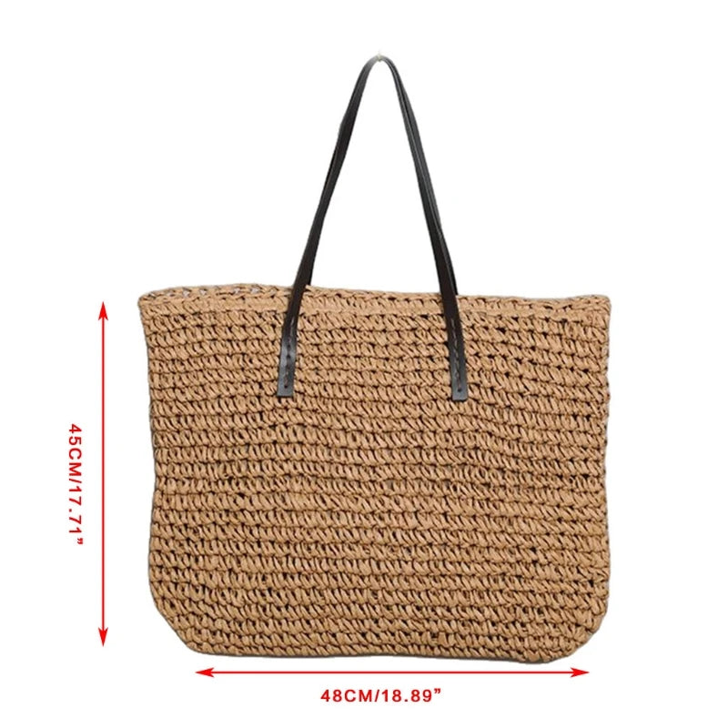 Boho Vintage Straw Tote Bag with Leather Handle Zipper Closure