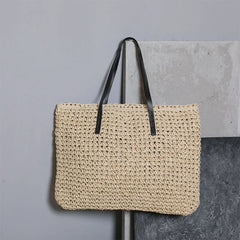 Boho Vintage Straw Tote Bag Faux Leather Zipper Closure