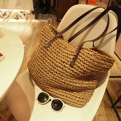 Boho Vintage Straw Tote Bag with Leather Handle Zipper Closure