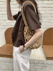 Bohemian Woven Shoulder Bag, Lightweight Bucket Purse with Long Handle