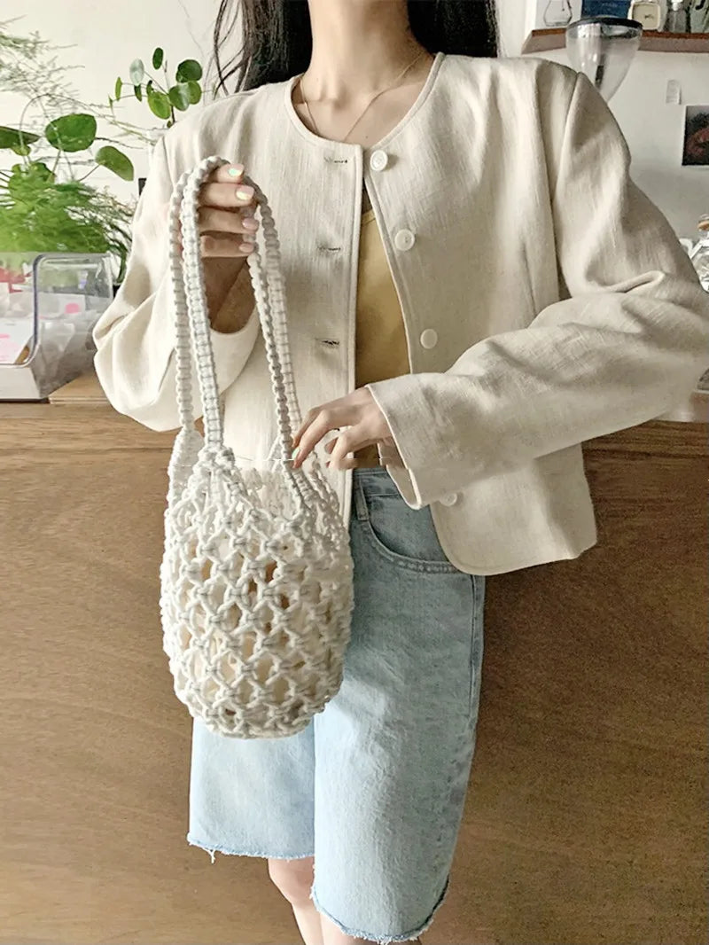 Bohemian Woven Shoulder Bag, Lightweight Bucket Purse with Long Handle