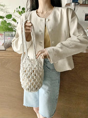 Bohemian Woven Shoulder Bag, Lightweight Bucket Purse with Long Handle