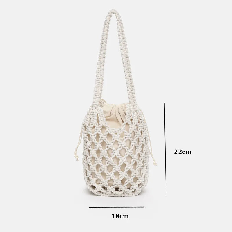 Bohemian Woven Shoulder Bag, Lightweight Bucket Purse with Long Handle