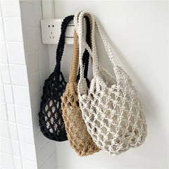 Bohemian Woven Shoulder Bag, Lightweight Bucket Purse with Long Handle