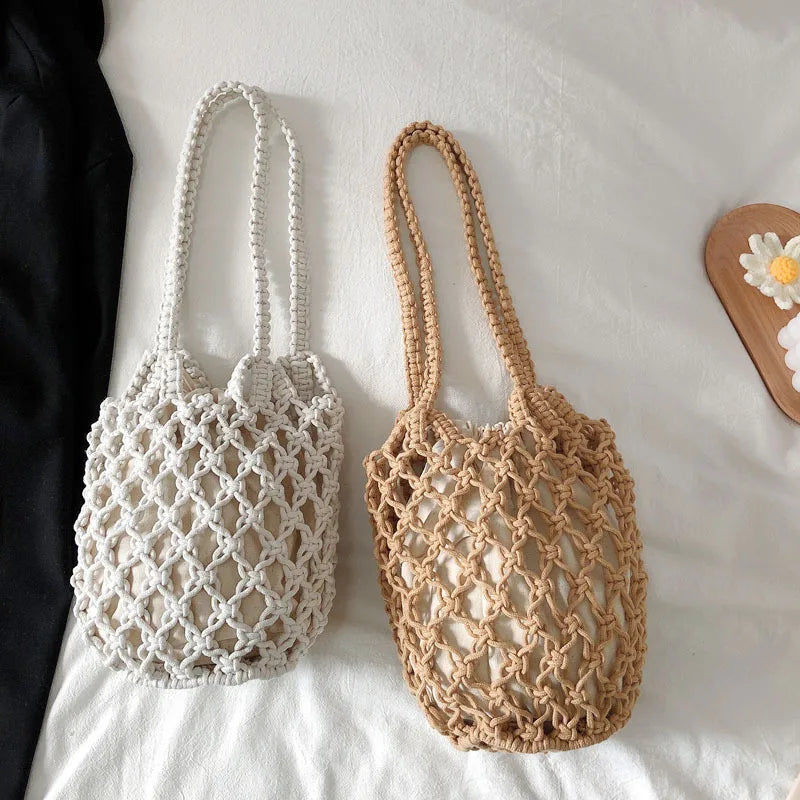 Bohemian Woven Shoulder Bag, Lightweight Bucket Purse with Long Handle