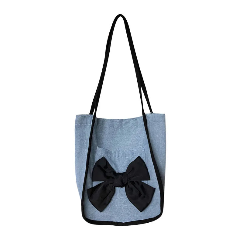 Women Bow Canvas Shopper Bag French Bow Denim Armpit Shoulder Bag