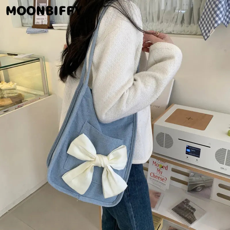 Women Bow Canvas Shopper Bag French Bow Denim Armpit Shoulder Bag