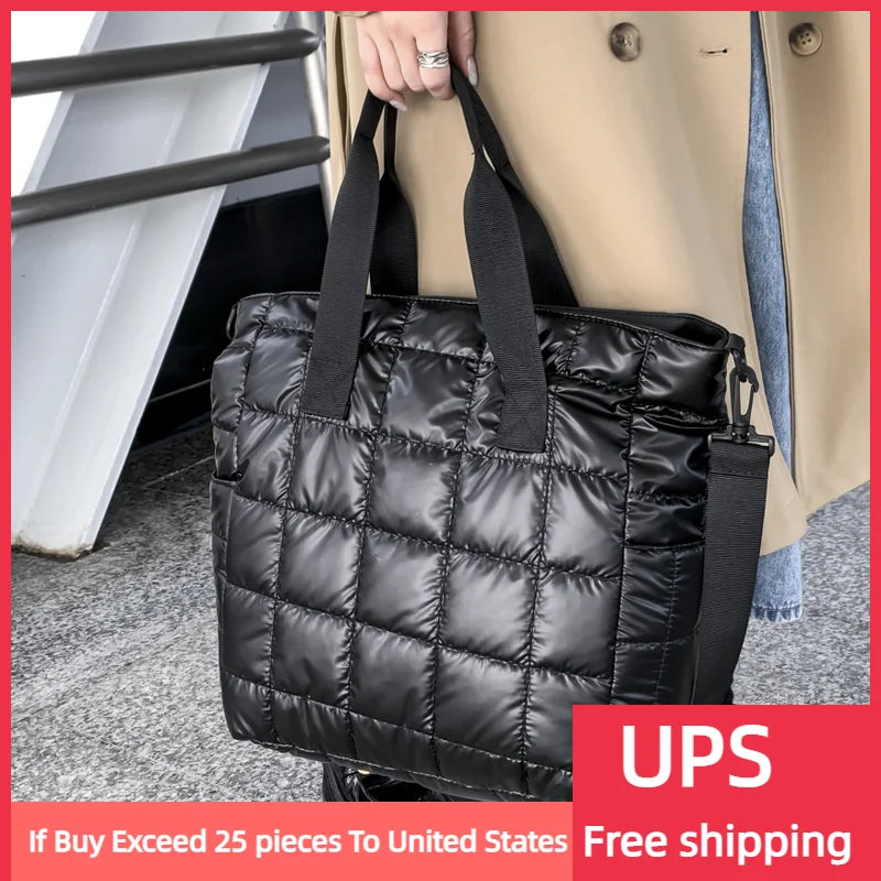 Women Shoulder Bag Check Fluffy Nylon Tote Bag Winter Warm