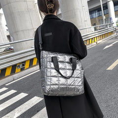 Women Shoulder Bag Check Fluffy Nylon Tote Bag Winter Warm