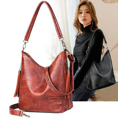 Vintage Soft Leather Bucket Bag for Women Shoulder Cross Body Handbag