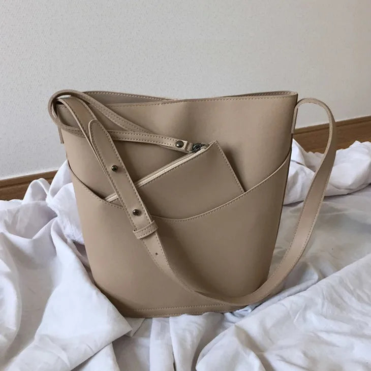 Women Bucket Bag Shoulder Crossbody Large Capacity PU Leather Handbag