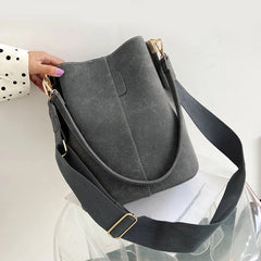 Women Bucket Bag PU Leather Solid Shoulder Bag Ladies Crossbody Bags Wide Strap