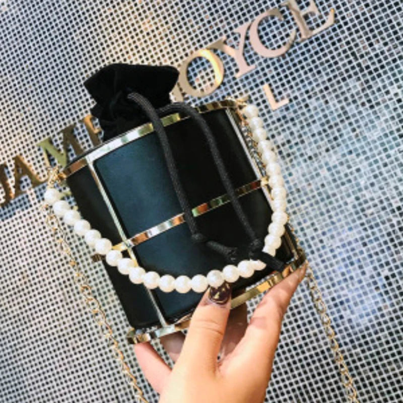Women Bucket Bags Pearls Beaded Handle Chain Shoulder Crossbody Bags