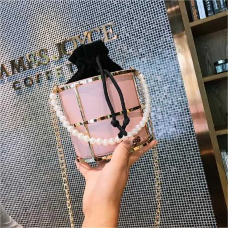 Women Bucket Bags Pearls Beaded Handle Chain Shoulder Crossbody Bags