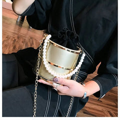 Women Bucket Bags Pearls Beaded Handle Chain Shoulder Crossbody Bags