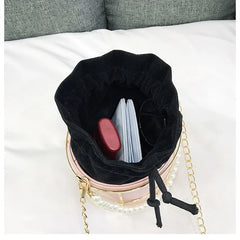 Women Bucket Bags Pearls Beaded Handle Chain Shoulder Crossbody Bags